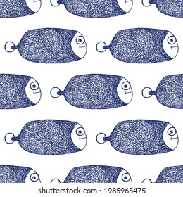 Doodle fish. Seamless pattern and decorative background.
