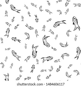 Doodle fish seamless pattern for print design. Outline fish seamless hand-drawn pattern. Summer background. Vector drawing. Tropical illustration. Summer beach design. Wave background
