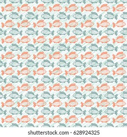 Doodle Fish Seamless pattern. Sea Animals Vector background