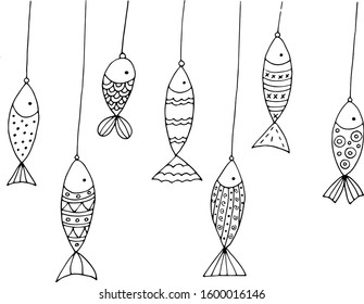 Doodle fish set. Circuit. Hand drawn