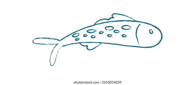 Doodle fish silhouette. Outline of an aquatic creature. Ocean context, flat visual style, potential usage in marine projects. Creative icon with a playful chalk and crayon texture.