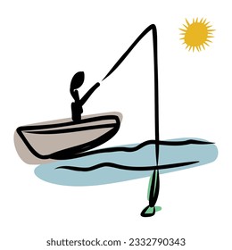 Doodle of a fisherman on the boat in a relaxing environment with sun and water. Vector illustration.