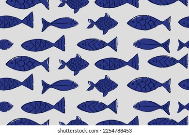 DOODLE FISHES WITH BLOCK PRINT DETAIL SEAMLESS PATTERN IN EDITABLE VECTOR FILE