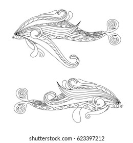 Doodle fishes coloring page anti-stress vector illustration