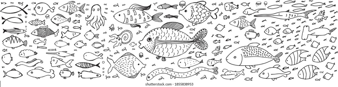 Doodle fishes, hand drawn fish flock set isolated. Sea animals sketched icon collection. Vector illustration