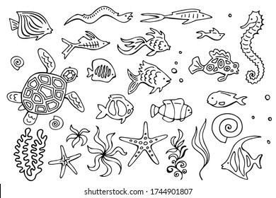 Doodle fishes. Vector set. Hand drawing.