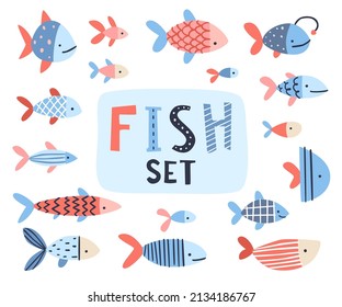 Doodle fishes vector set. Sea naive fish collection. Bundle of decorated underwater animals.