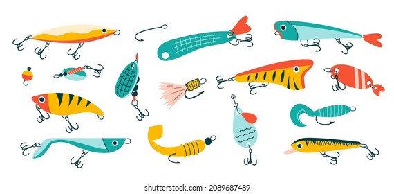 Doodle fishing lure. Abstract contemporary fishery baits of different sizes and shapes for angler. Colored hand drawn fisher accessories with hooks. Vector isolated plastic wobblers set
