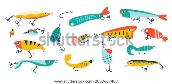 Doodle\
fishing lure. Abstract contemporary fishery baits of different\
sizes and shapes for angler. Colored hand drawn fisher accessories\
with hooks. Vector isolated plastic wobblers\
set
