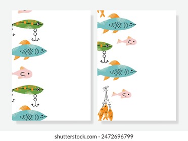 Doodle fishing lure flyer or poster templates set. Fishery baits of different sizes and shapes for angler. A set of tools for fishing. Fisher accessories with hooks. Vector illustration isolated