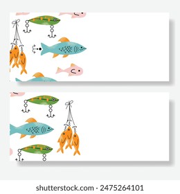 Doodle fishing lure flyer or poster templates set. Fishery baits of different sizes and shapes for angler. A set of tools for fishing. Fisher accessories with hooks. Vector illustration isolated