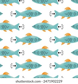 Doodle fishing lure seamless pattern. Fishery baits of different sizes and shapes for angler. A set of tools for fishing. Fisher accessories with hooks. Vector illustration isolated on background