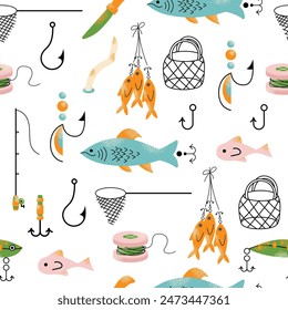 Doodle fishing lure seamless pattern. Fishery baits of different sizes and shapes for angler. A set of tools for fishing. Fisher accessories with hooks. Vector illustration isolated on background