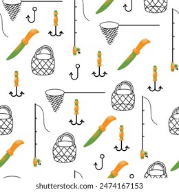 Doodle fishing lure seamless pattern. Fishery baits of different sizes and shapes for angler. A set of tools for fishing. Fisher accessories with hooks. Vector illustration isolated on background