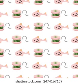 Doodle fishing lure seamless pattern. Fishery baits of different sizes and shapes for angler. A set of tools for fishing. Fisher accessories with hooks. Vector illustration isolated on background