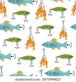 Doodle fishing lure seamless pattern. Fishery baits of different sizes and shapes for angler. A set of tools for fishing. Fisher accessories with hooks. Vector illustration isolated on background