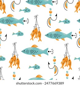 Doodle fishing lure seamless pattern. Fishery baits of different sizes and shapes for angler. A set of tools for fishing. Fisher accessories with hooks. Vector illustration isolated on background