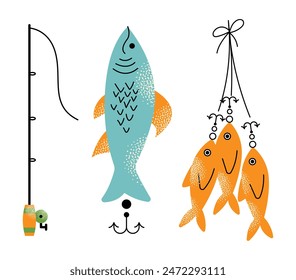 Doodle fishing lure set. Fishery baits of different sizes and shapes for angler. A set of tools for fishing. Fisher accessories with hooks. Vector illustration isolated on background