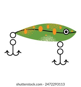 Doodle fishing lure set. Fishery baits of different sizes and shapes for angler. A set of tools for fishing. Fisher accessories with hooks. Vector illustration isolated on background