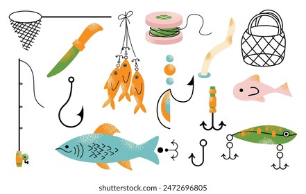 Doodle fishing lure set. Fishery baits of different sizes and shapes for angler. A set of tools for fishing. Fisher accessories with hooks. Vector illustration isolated on background