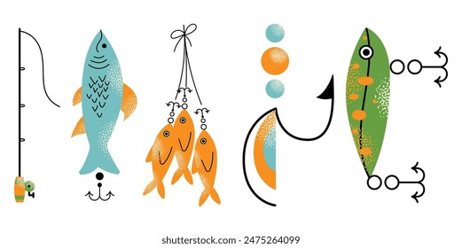 Doodle fishing lure set. Fishery baits of different sizes and shapes for angler. A set of tools for fishing. Fisher accessories with hooks. Vector illustration isolated on background