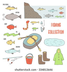 Doodle fishing objects collection including inflatable boat with paddles, lake, rubber boots, bucket, fish habitat in water,coat, fishing rod, bass, carp, salmon, eel, catfish, pike perch, worm.
