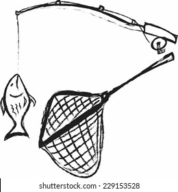 doodle Fishing rod, hooked fish and fishing net, vector