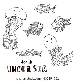 Doodle fish,jellyfish. Hand drawn sea creatures. It can be used for coloring pages or separately.Vector Illustration