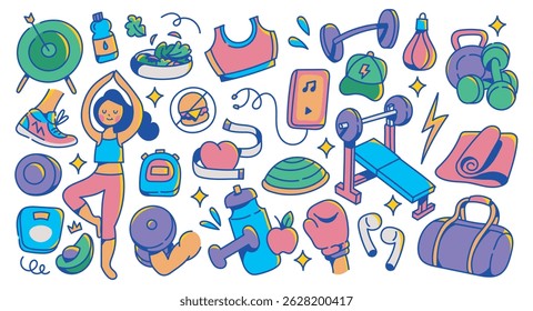 Doodle Fitness Icons Healthy Lifestyle Gym Equipment Illustration