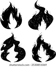 Doodle flame set. sketches of fire. silhouette of a bonfire in cartoon style