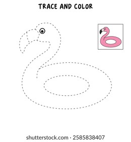 Doodle flamingo floater coloring pages for kids. Trace and color flamingo inflatable ring for swimming pool or beach. Flamingo lifebuoy vector.