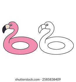 Doodle flamingo floater coloring pages for kids. Trace and color flamingo inflatable ring for swimming pool or beach. Flamingo lifebuoy vector.