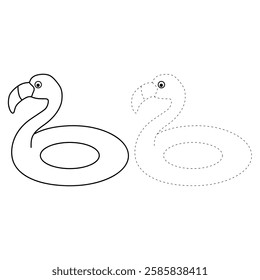 Doodle flamingo floater coloring pages for kids. Trace and color flamingo inflatable ring for swimming pool or beach. Flamingo lifebuoy vector.