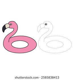 Doodle flamingo floater coloring pages for kids. Trace and color flamingo inflatable ring for swimming pool or beach. Flamingo lifebuoy vector.