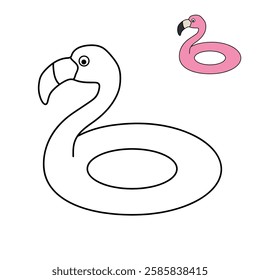 Doodle flamingo floater coloring pages for kids. Trace and color flamingo inflatable ring for swimming pool or beach. Flamingo lifebuoy vector.