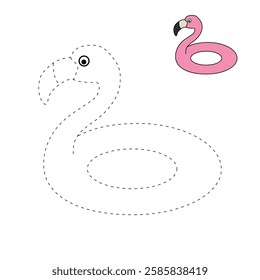 Doodle flamingo floater coloring pages for kids. Trace and color flamingo inflatable ring for swimming pool or beach. Flamingo lifebuoy vector.