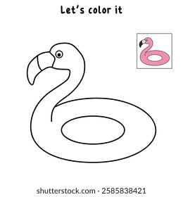 Doodle flamingo floater coloring pages for kids. Trace and color flamingo inflatable ring for swimming pool or beach. Flamingo lifebuoy vector.