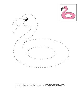 Doodle flamingo floater coloring pages for kids. Trace and color flamingo inflatable ring for swimming pool or beach. Flamingo lifebuoy vector.