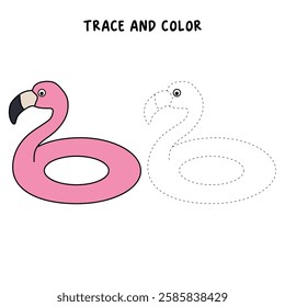 Doodle flamingo floater coloring pages for kids. Trace and color flamingo inflatable ring for swimming pool or beach. Flamingo lifebuoy vector.