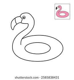 Doodle flamingo floater coloring pages for kids. Trace and color flamingo inflatable ring for swimming pool or beach. Flamingo lifebuoy vector.