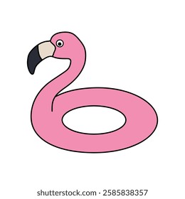 Doodle flamingo floater vector. Cartoon flamingo inflatable ring for swimming pool or beach. Flamingo lifebuoy clip art.