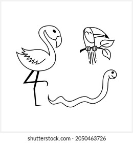 Doodle flamingo, toucan, snake clip art isolated. Animal line art. Sketch bird. Vector stock illustration. EPS 10