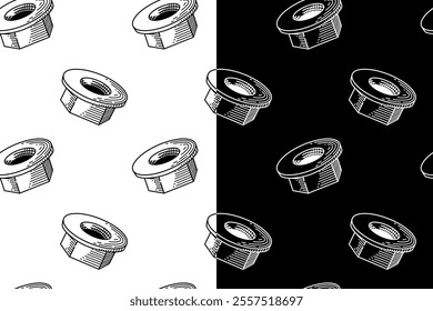 doodle flange nut seamless pattern on black white background for print on packaging, stationery, merchandise.  retro flange nut fastener pattern background. pattern of flange nut line icon background