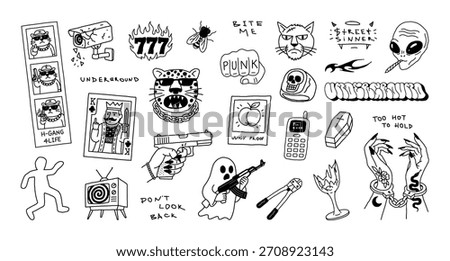 Doodle flash tattoo with curved lines and a funny style. Underground and street culture in doodle, sketch style. Criminal tattoos with humor in outline style. Lettering, logo, graffiti. Vector set