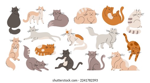 Doodle flat cats, funny fur cat and kittens. Cute pets isolated characters. Cartoon animals sleep, play, sitting. Racy fluffy animals vector kit