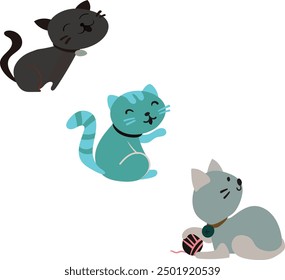 Doodle gatos planos, gato de piel divertida y gatitos. Mascotas lindas personajes aislados. Animales de dibujos animados duermen, juegan, se sientan. Kit de Vector de animales mullidos y picantes