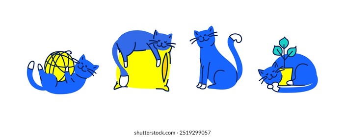 Doodle gatos planos, gato de piel divertida y gatitos en colores brillantes. Mascotas lindas personajes aislados. Animales de dibujos animados duermen, juegan, se sientan. Kit de Vector de animales mullidos y picantes