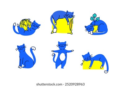 Doodle gatos planos, gato de piel divertida y gatitos en colores brillantes. Mascotas lindas personajes aislados. Animales de dibujos animados duermen, juegan, se sientan. Kit de Vector de animales mullidos y picantes