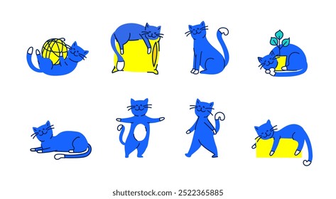 Doodle gatos planos, gato de piel divertida y gatitos en colores brillantes. Mascotas lindas personajes aislados. Animales de dibujos animados duermen, juegan, se sientan. Kit de Vector de animales mullidos y picantes