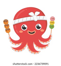 Doodle flat clipart. Asian octopus cook with takoyaki. All objects are repainted.